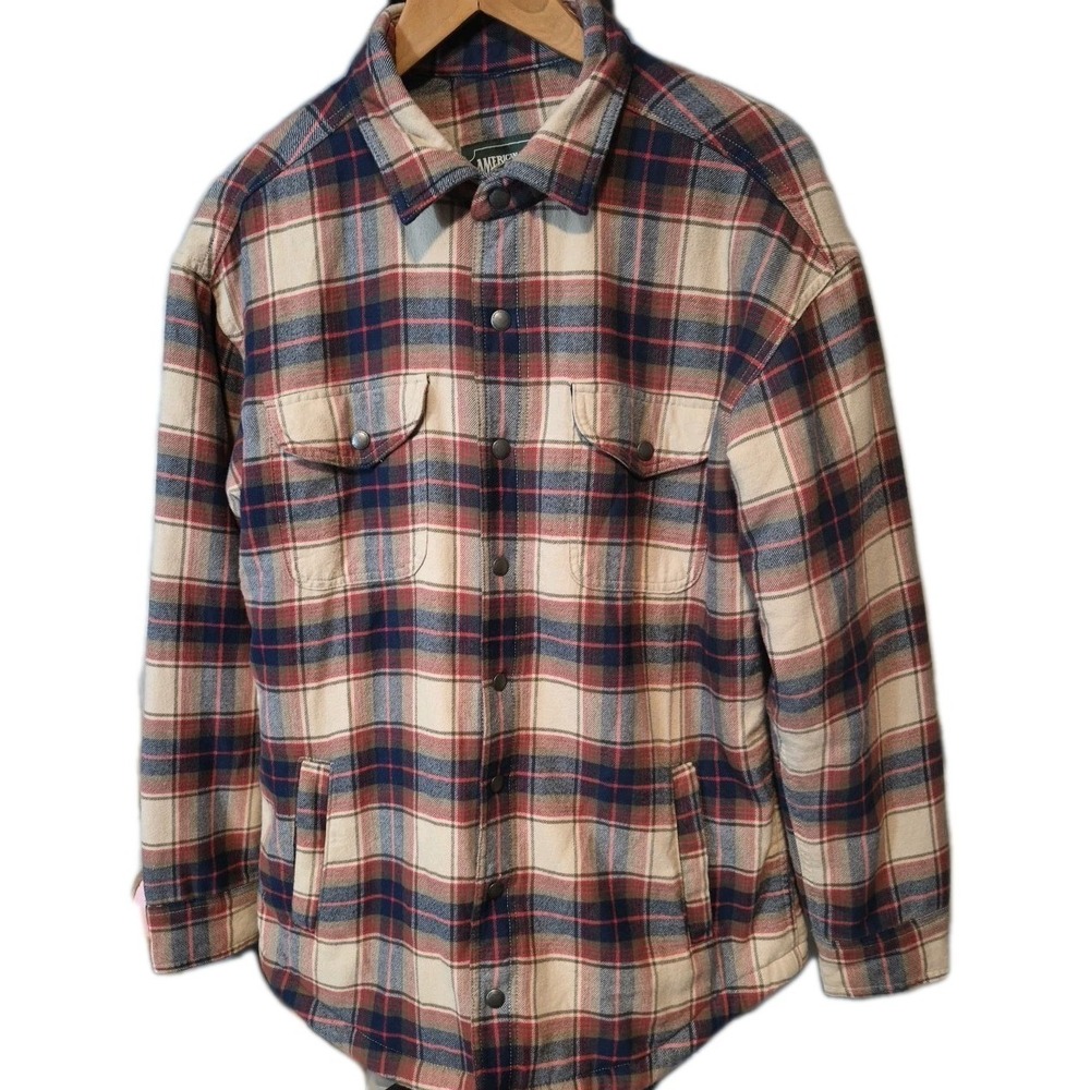 American Eagle Plaid Sherpa Lined Flannel Shirt Jacket Men's Size M Tall Cabin